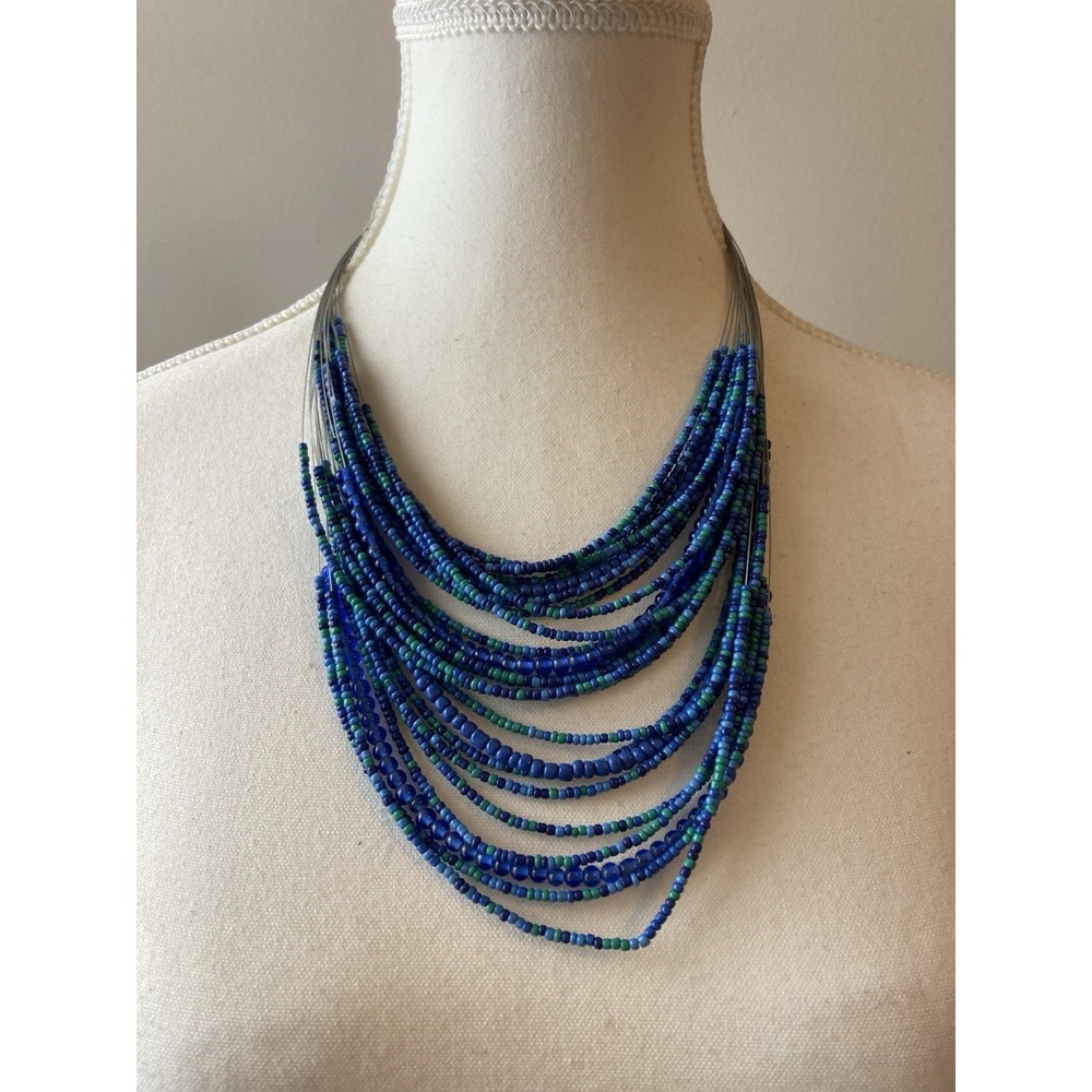 Multi Strand Blue Seed Bead Necklace Bold Statement Artsy Coastal Beachy